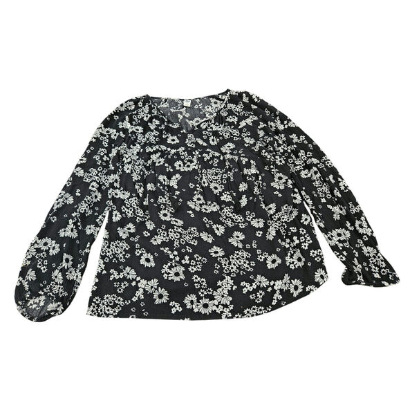 Y2k Babydoll Dark Black Floral V Neck Shirt Top Size M Old Navy Boho Bohemian - Picture 1 of 7